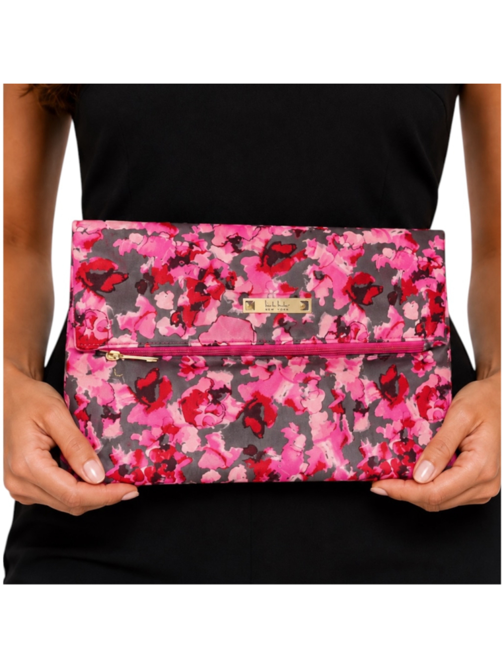 Nicole Miller New York Pink Floral Foldover Clutch Purse Cosmetic Bag